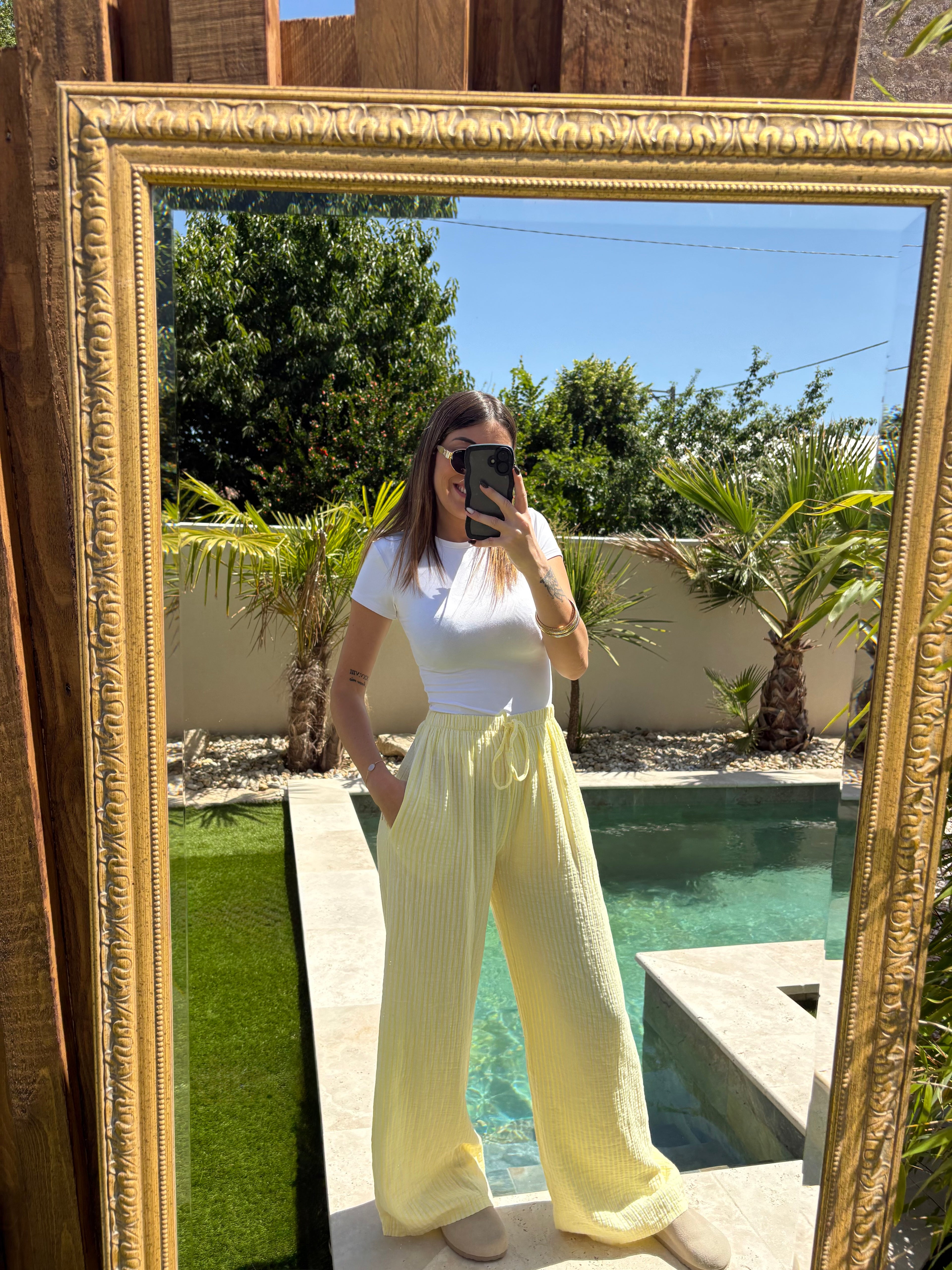 Pantalon fluide rayé - Jaune & Blanc