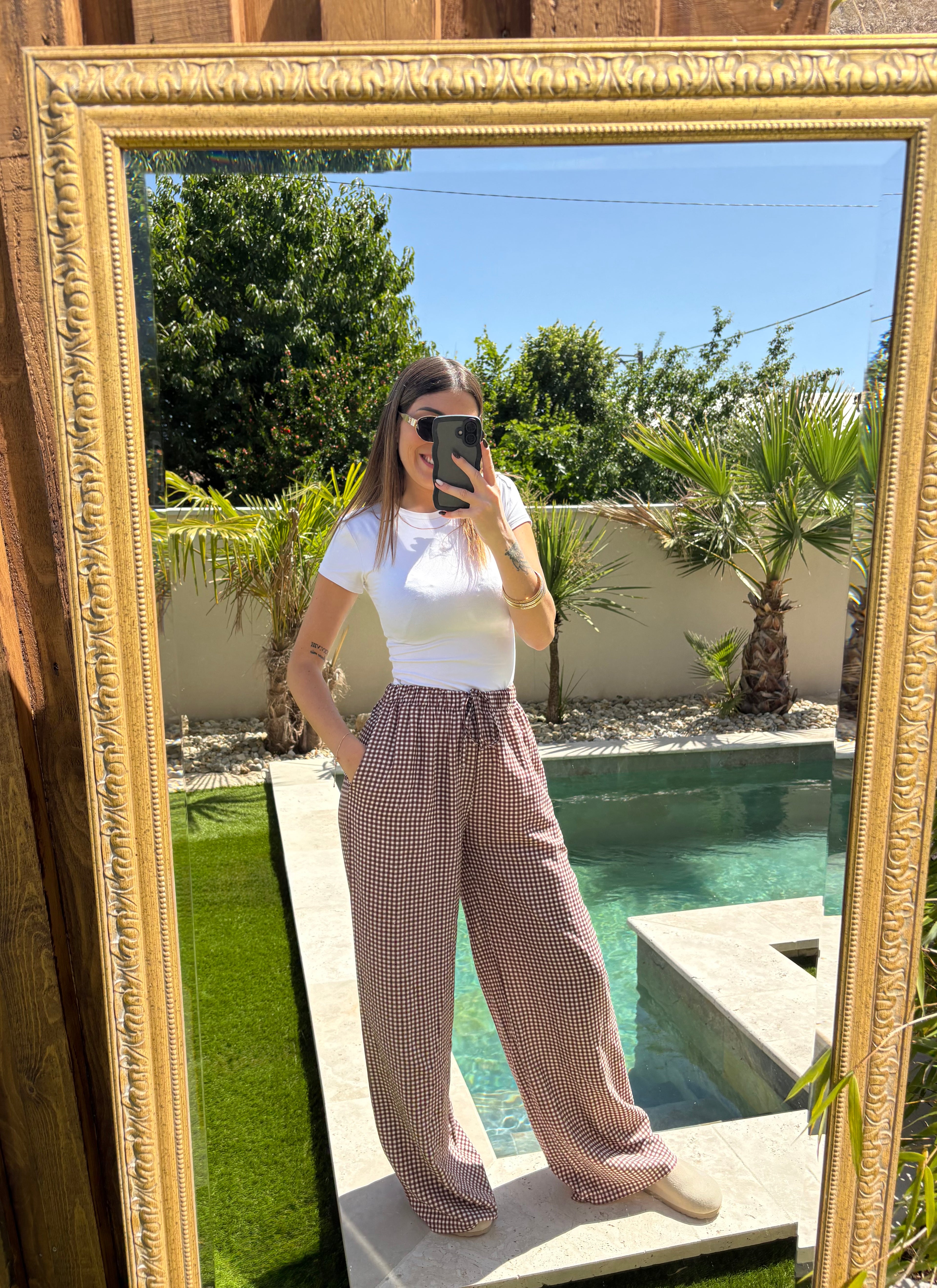 Pantalon fluide Vichy - Marron & Blanc