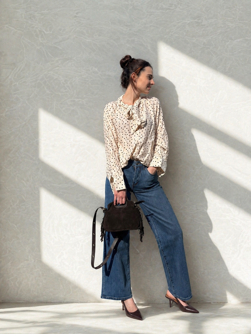 Blouse à pois - Beige et marron