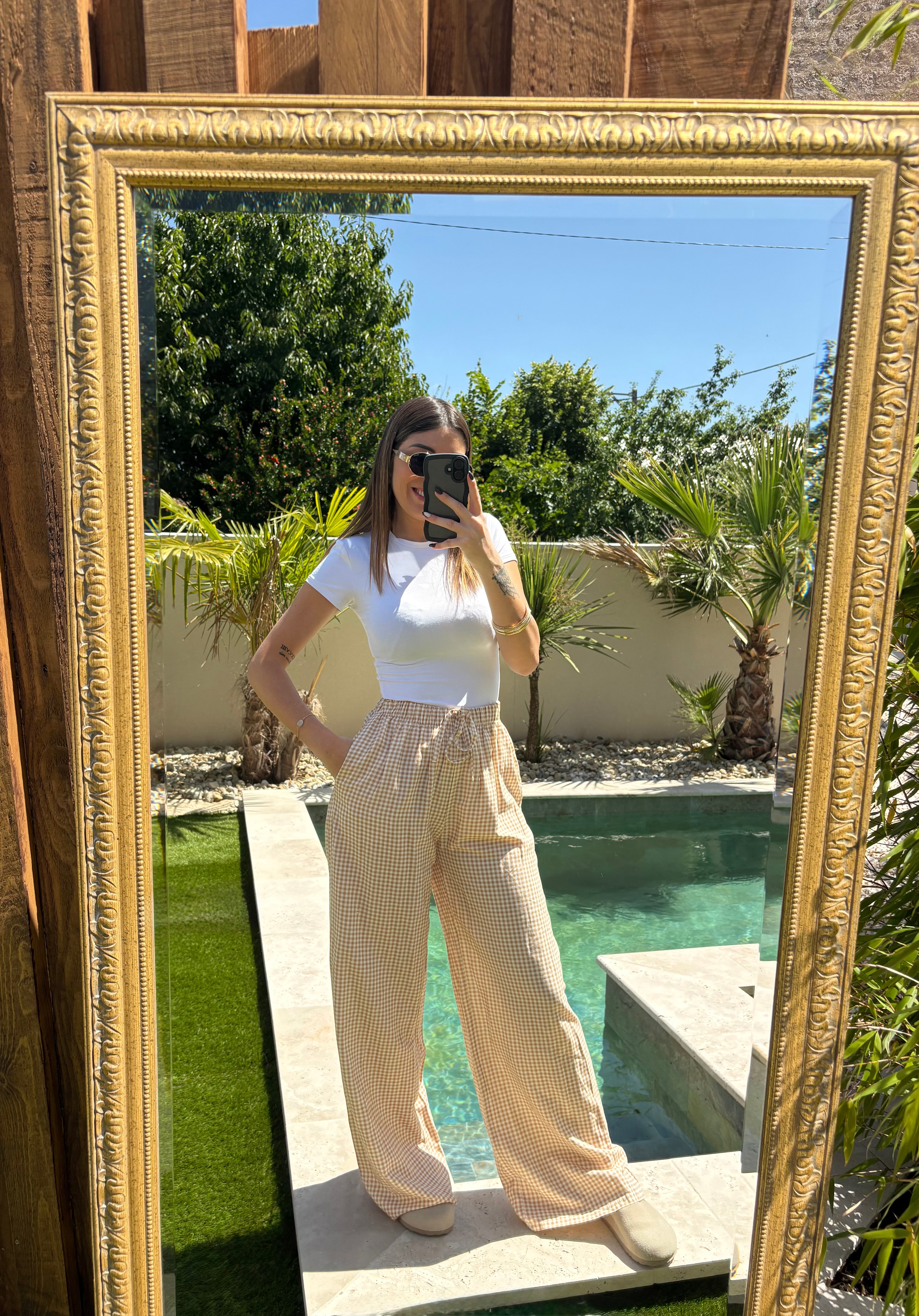 Pantalon fluide Vichy - Beige & Blanc