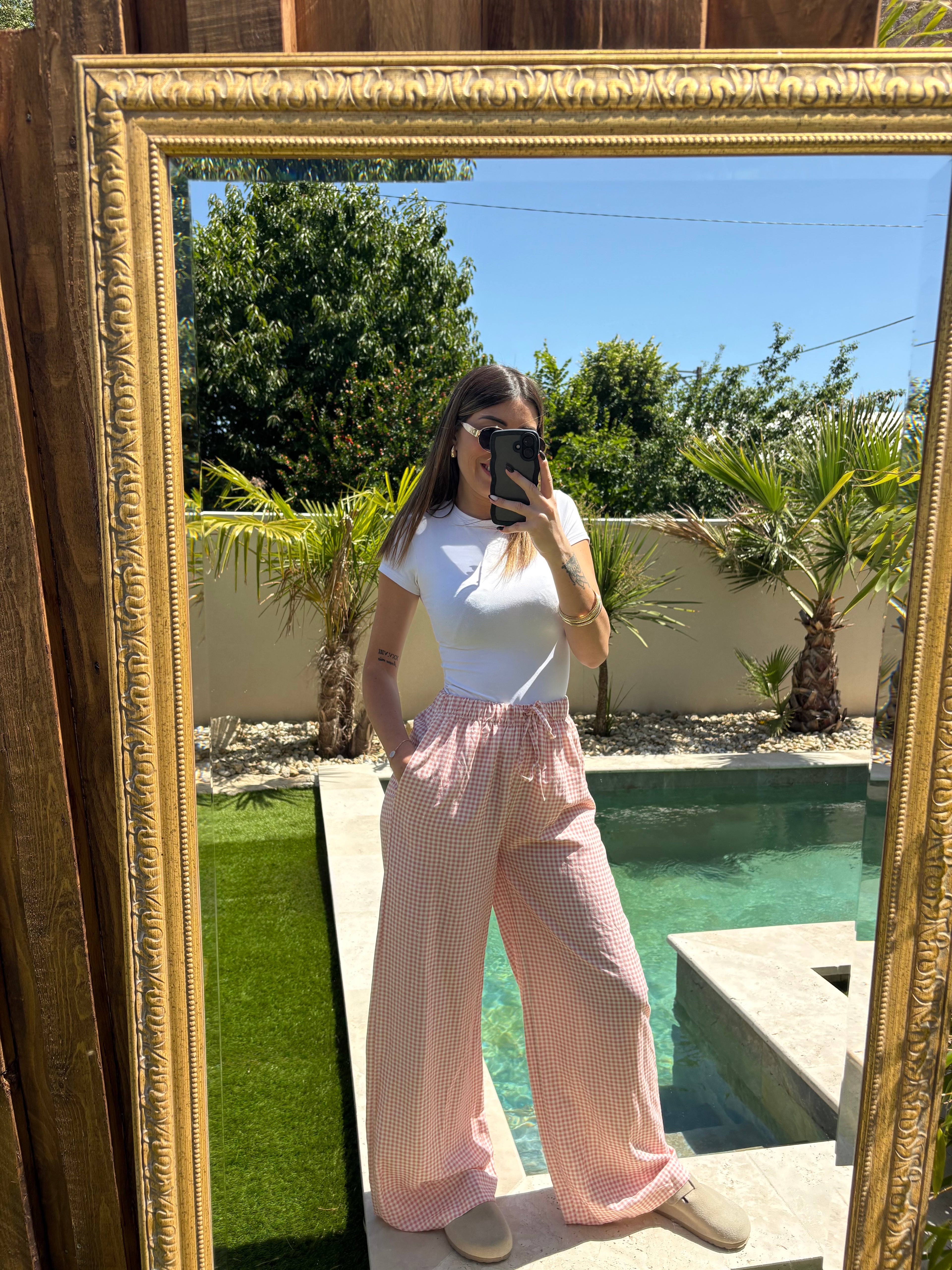 Pantalon fluide Vichy - Rose & Blanc