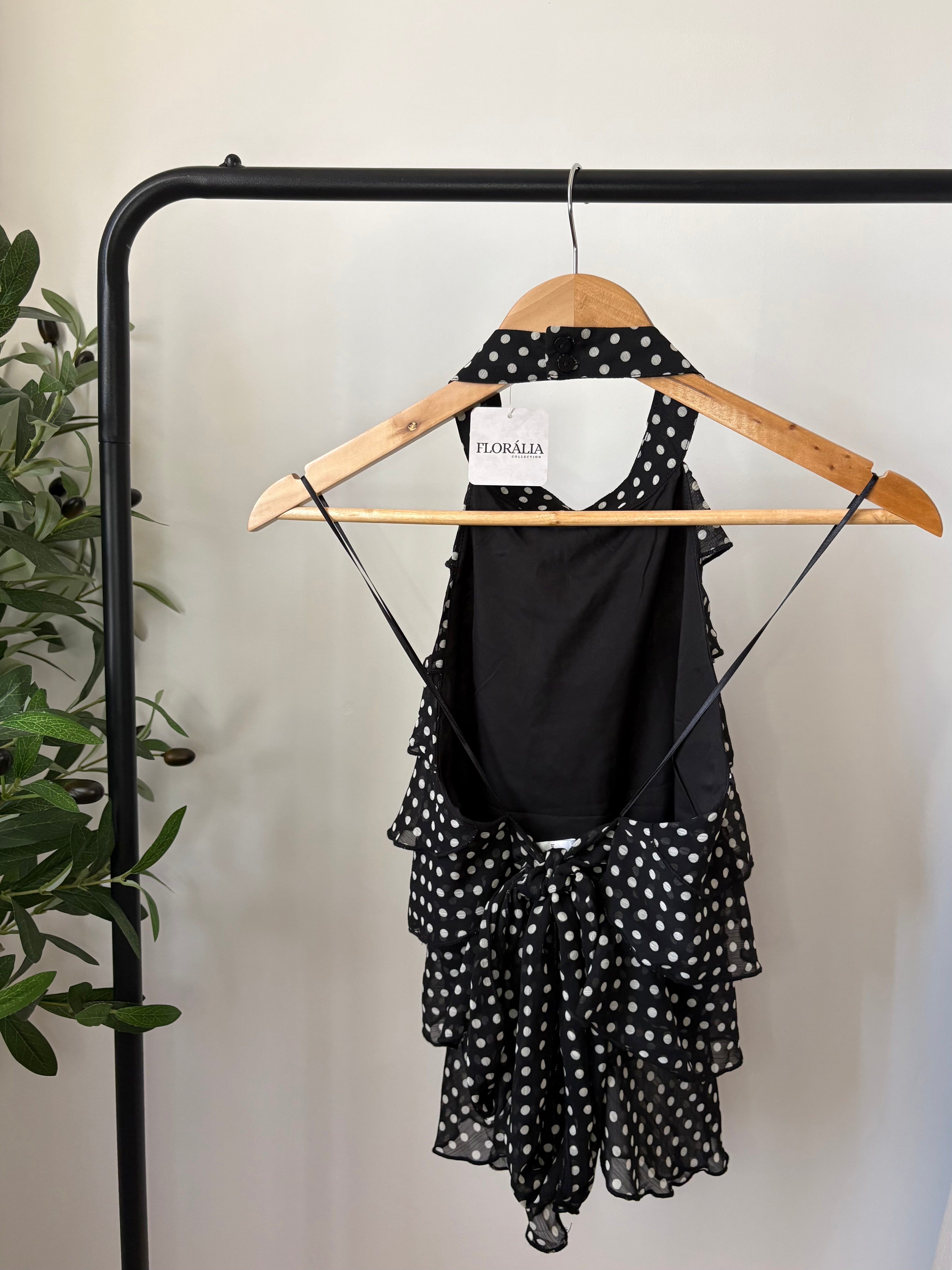 Top dos nu à volants à pois - Noir & Blanc