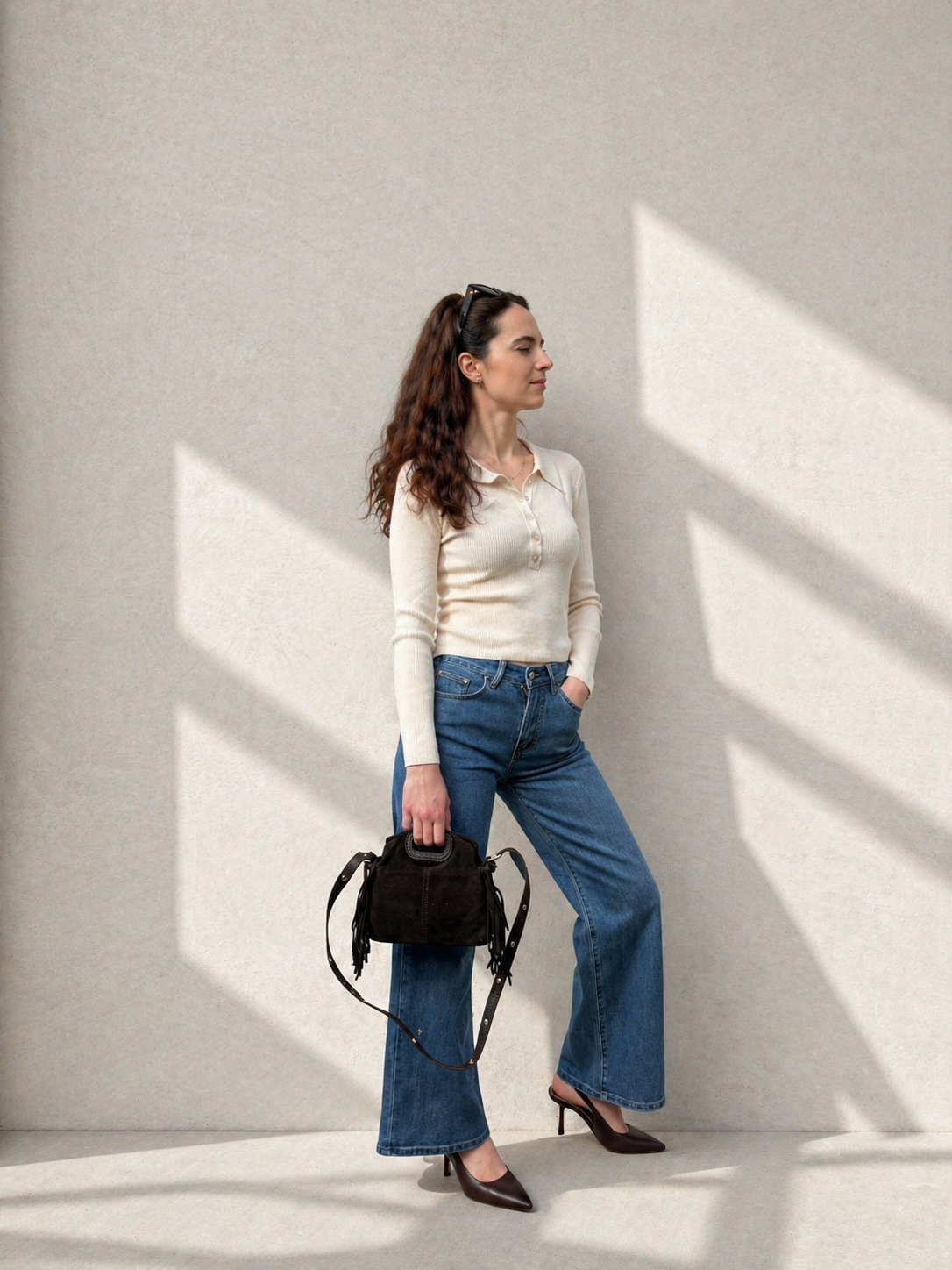 Top en maille côtelée - Beige