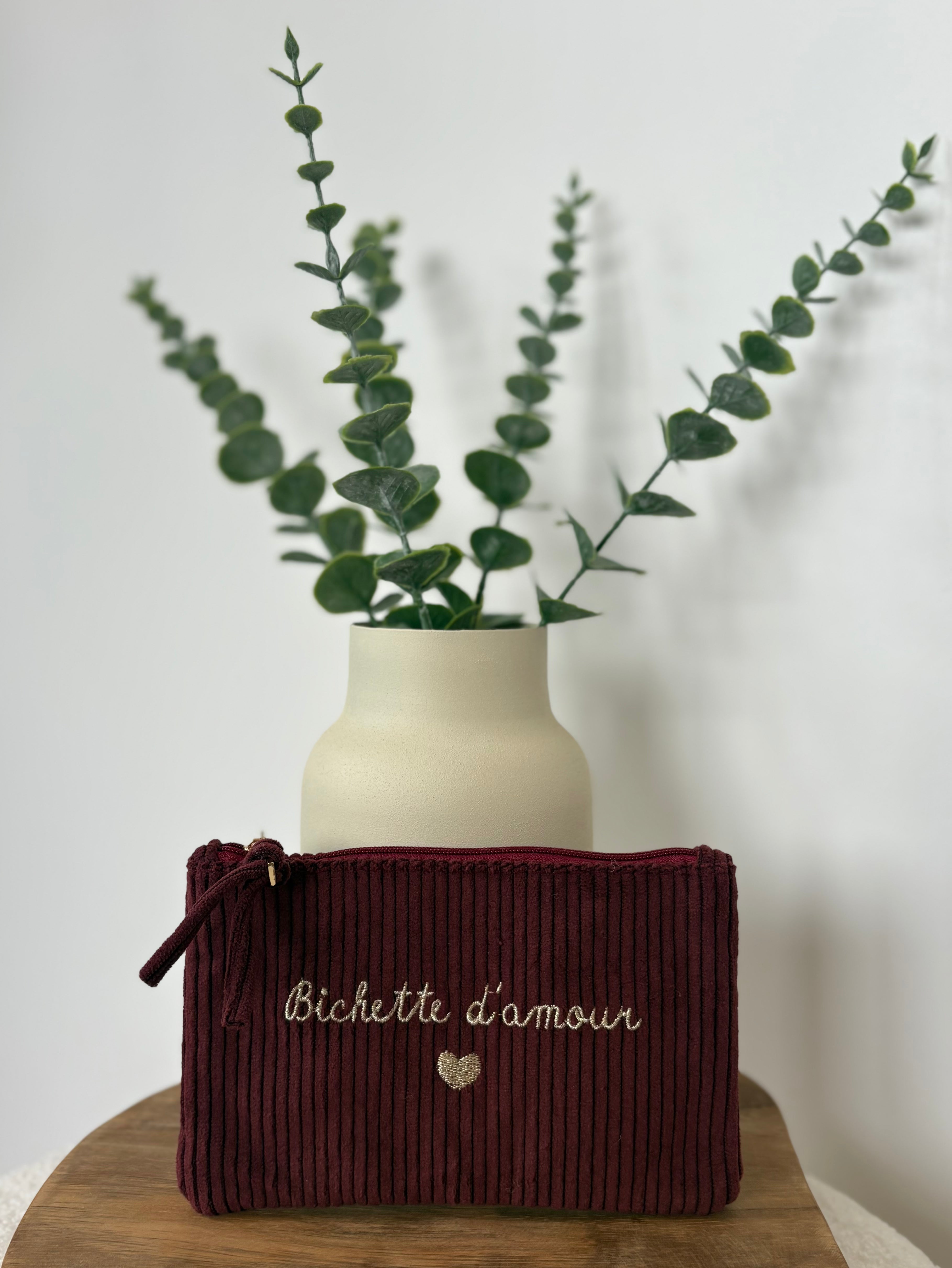Pochette velours côtelé “Bichette d'amour” - Bordeaux