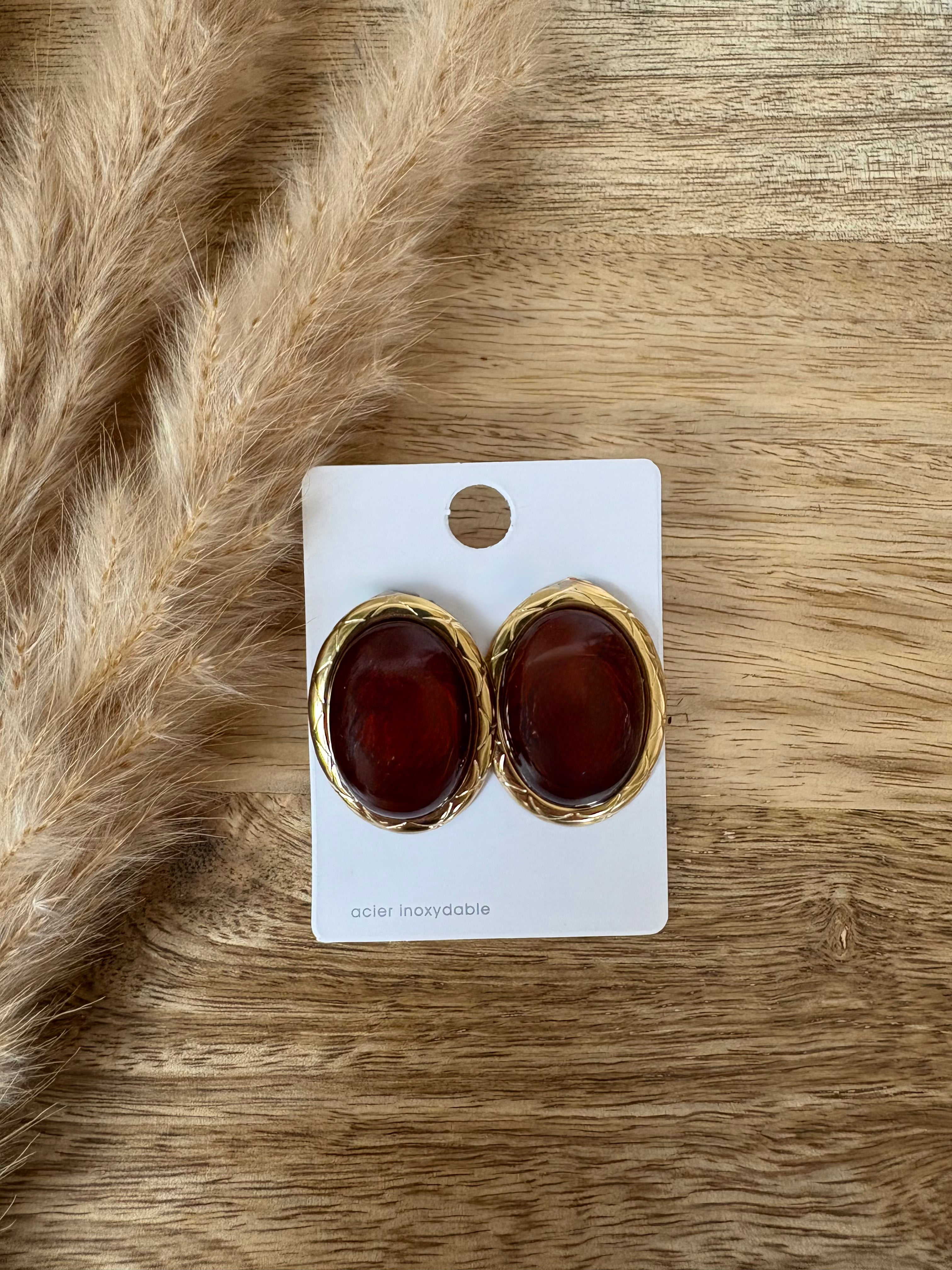 Boucles d'oreilles ovales en acier inoxydable - Chocolat/Doré