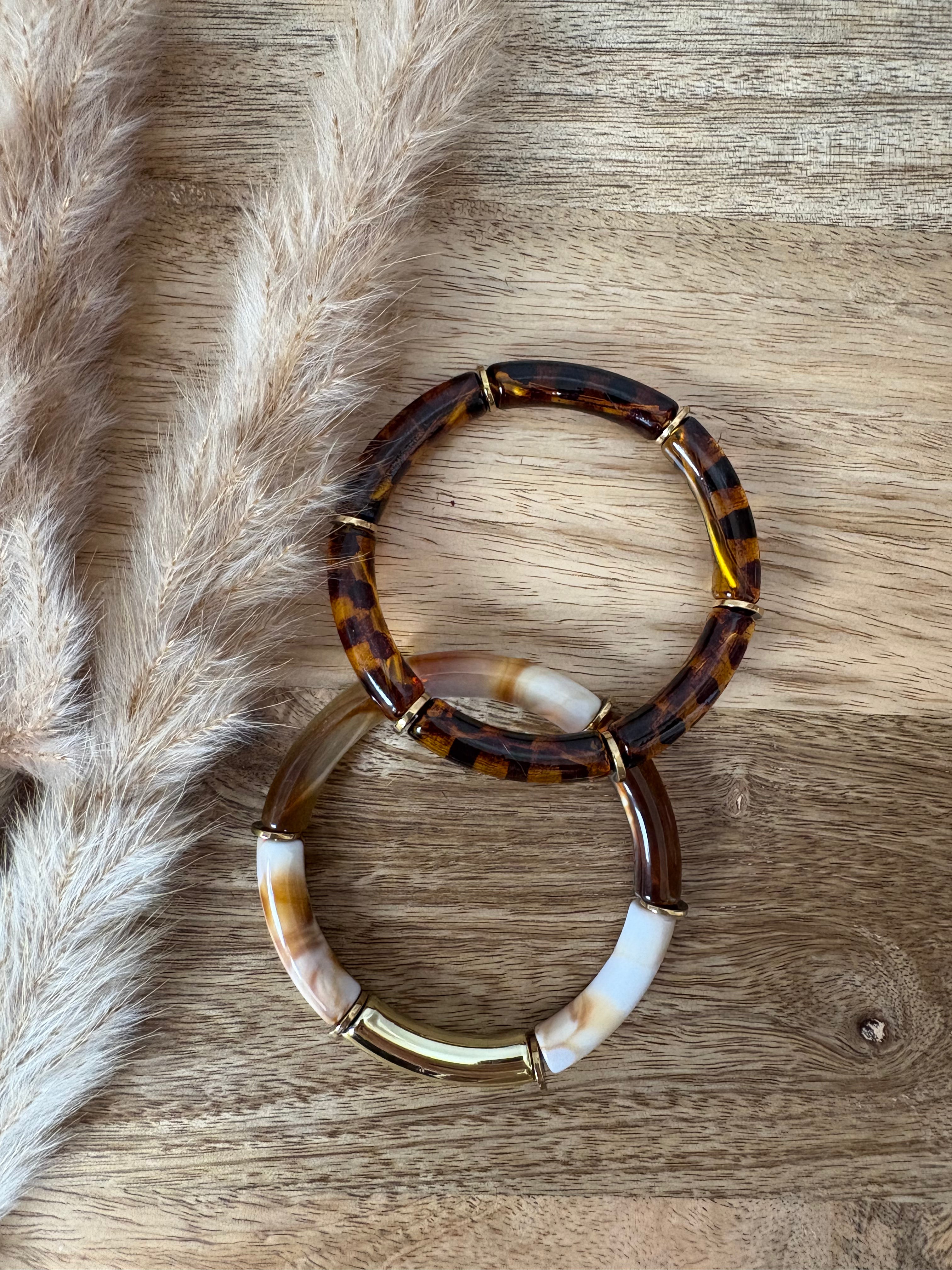 Leopard print &amp; beige/gold elastic bracelets (set of 2)
