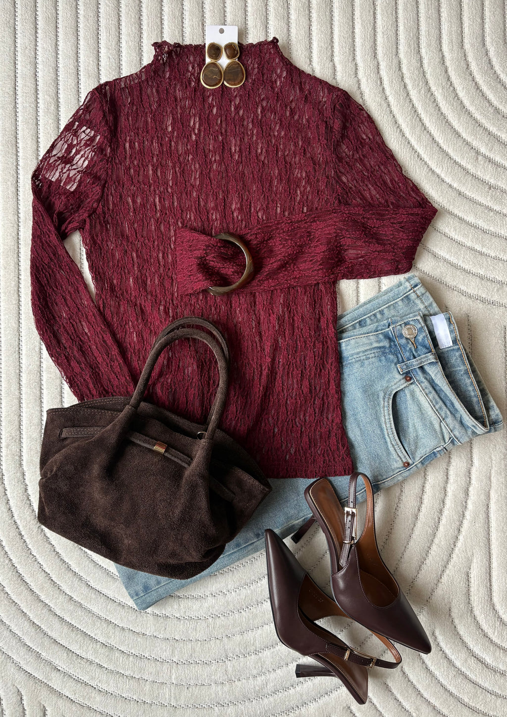 Long-sleeved lace top - Burgundy